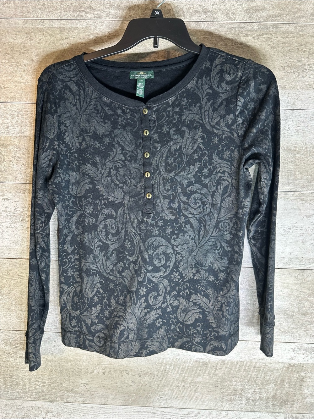 Lauren Ralph Lauren Metallic Baroque Scroll Knit Henley Top L